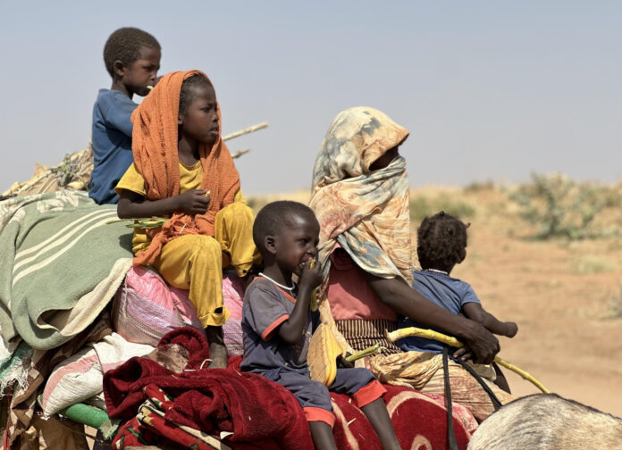 En la imagen de archivo tomada en abril de 2025, desplazados sudaneses avanzan desde el campamento de Zamzam camp hasta Tawila Camps. EFE/ Marwan Mohamed
