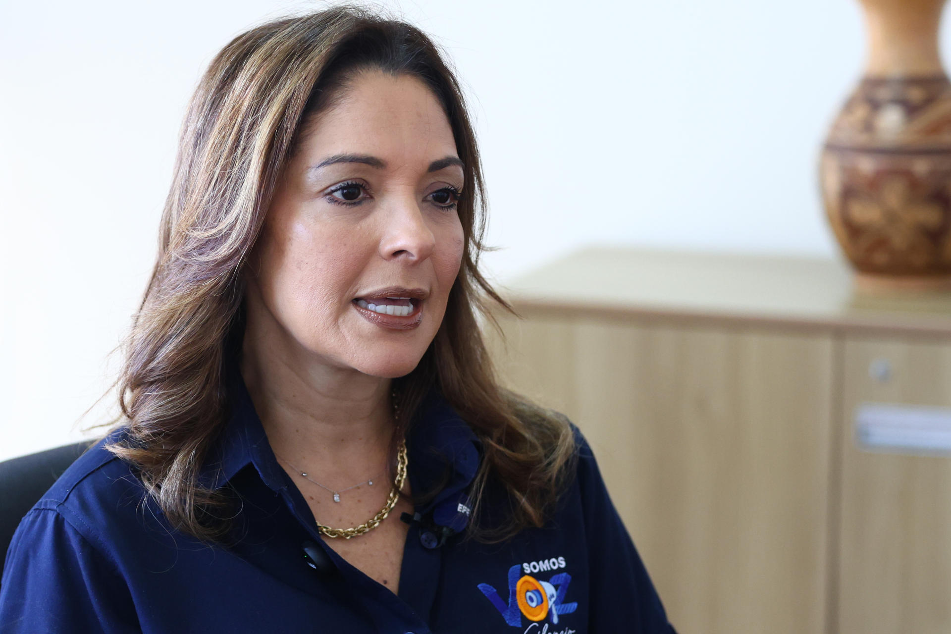 Fotografía del 20 de mayo de 2026 que muestra a la activista Irma Ruiz hablando durante una entrevista con EFE en Ciudad de Panamá (Panamá). EFE/ Carlos Lemos