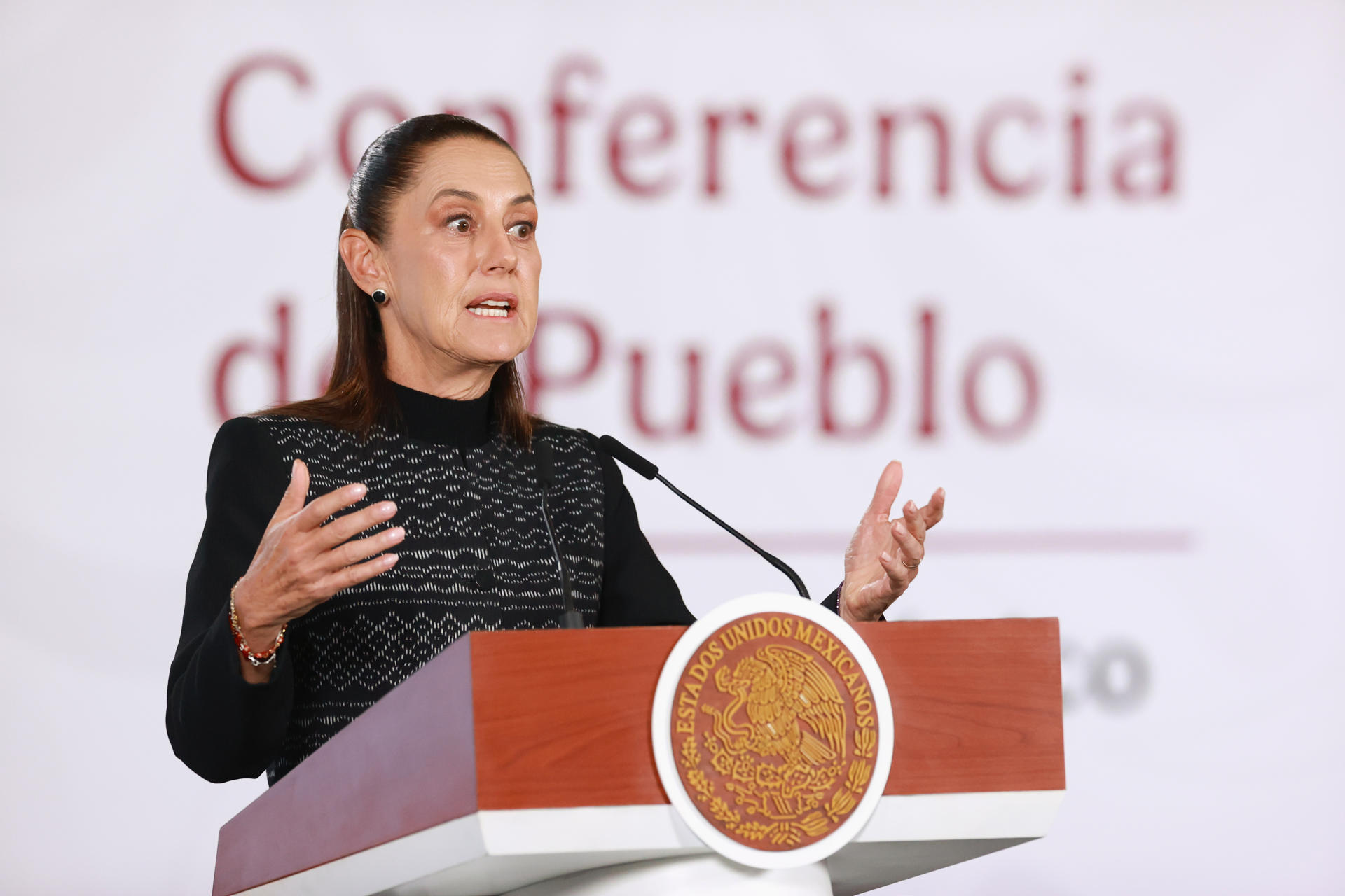La presidenta de México, Claudia Sheinbaum, habla durante una rueda de prensa este miércoles, en el Palacio Nacional de Ciudad de México (México). EFE/ Mario Guzmán