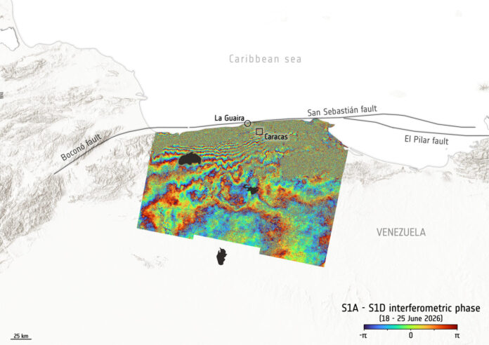 Imagen tomada del satélite Sentinel-1 de la NASA que muestra el desplazamiento del terreno tras los terremotos en Venezuela. EFE/ NASA / ESA
