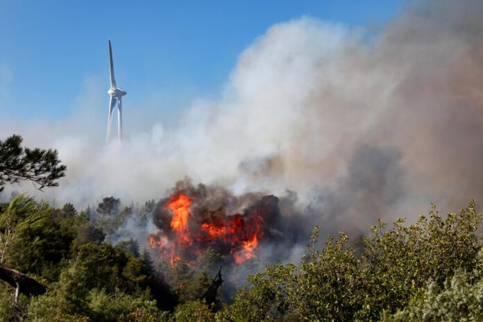 Labores de extinción cerca de Sainte-Valiere, en el departamento de Aude (Francia). EFE/EPA/CHLOE REULET
