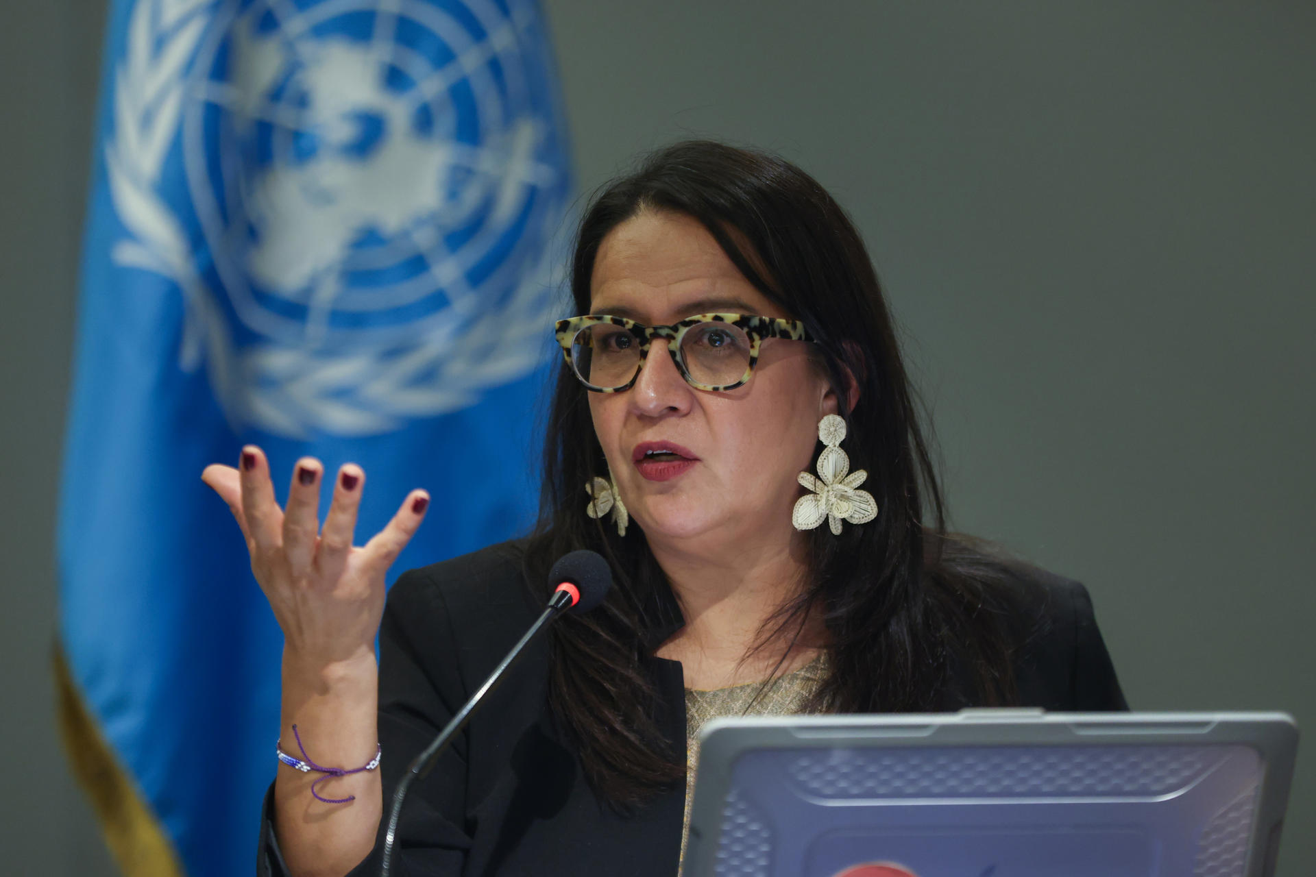 La integrante del Grupo de Trabajo sobre las Desapariciones Forzadas o Involuntarias (WGEID, por sus siglas en inglés) de la Organización de las Naciones Unidas (ONU), Ana Lorena Delgadillo, habla en una rueda de prensa este jueves, en Ciudad de Guatemala (Guatemala). EFE/ Mariano Macz
