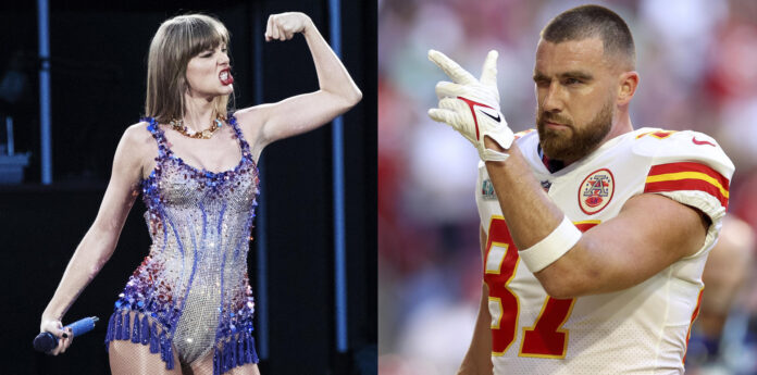 Combo de dos fotografías de archivo de la cantante estadounidense Taylor Swift y el jugador de Chiefs Travis Kelce. EFE/ ARCHIVO
