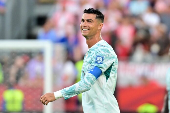 Cristiano Ronaldo, de Portugal, reacciona tras un gol suyo durante el partido de octavos de final del Mundial de la FIFA 2026 ante Croacia. EFE/EPA/EDUARDO LIMA
