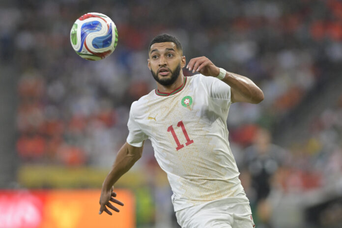 Fotografía del 29 de junio de 2026 en la que se observa a Ismael Saibari, de Marruecos, al controlar un balón en un partido de los dieciseisavos de final del Mundial de la FIFA 2026 entre Países Bajos y Marruecos en el estadio BBVA en Monterrey (México). EFE/ Miguel Sierra

