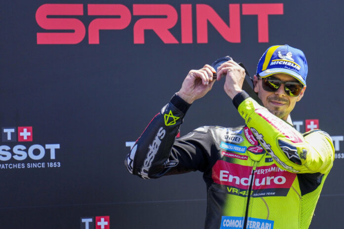 Fotografía del pasado 16 de mayo, en la que puede verse al piloto italiano Fabio di Giannantonio (Ducati Desmosedici GP26), durante el Gran Premio de Cataluña. EFE/Alejandro García
