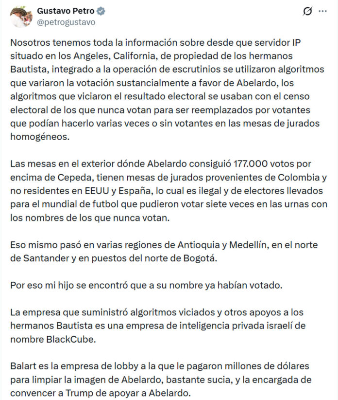 Imagen tomada de la cuenta oficial en X @petrogustavo del presidente saliente de Colombia, Gustavo Petro, que muestra un mensaje este lunes donde endureció su rechazo al resultado de la segunda vuelta de los comicios presidenciales del pasado 21 de junio al insistir en que Abelardo de la Espriella 