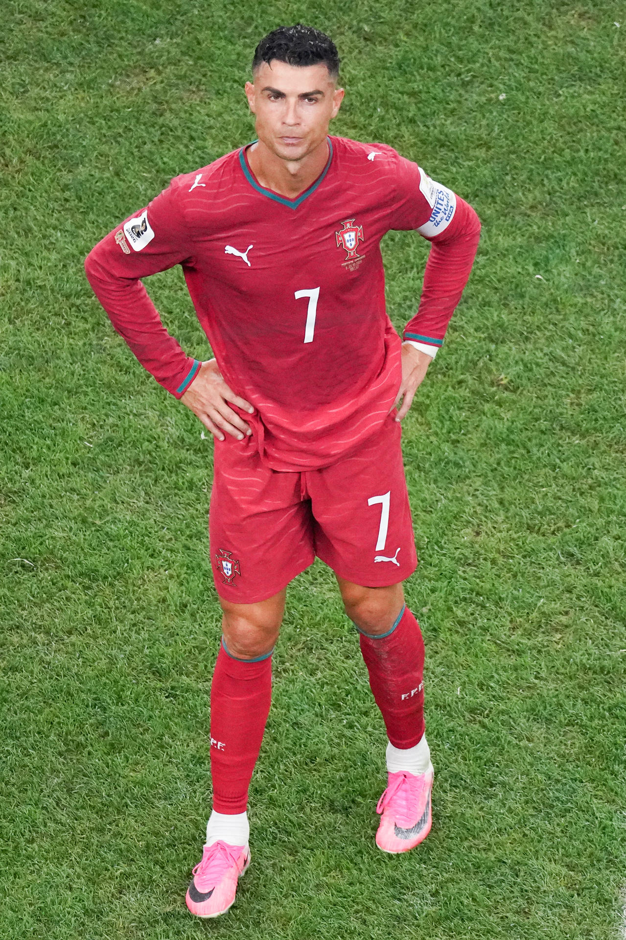 Cristiano Ronaldo, de Portugal, reacciona al finalizar un partido de los octavos de final del Mundial de la FIFA 2026 entre Portugal y España en el estadio AT&T en Arlington (Estados Unidos). EFE/ Kenneth Fernández