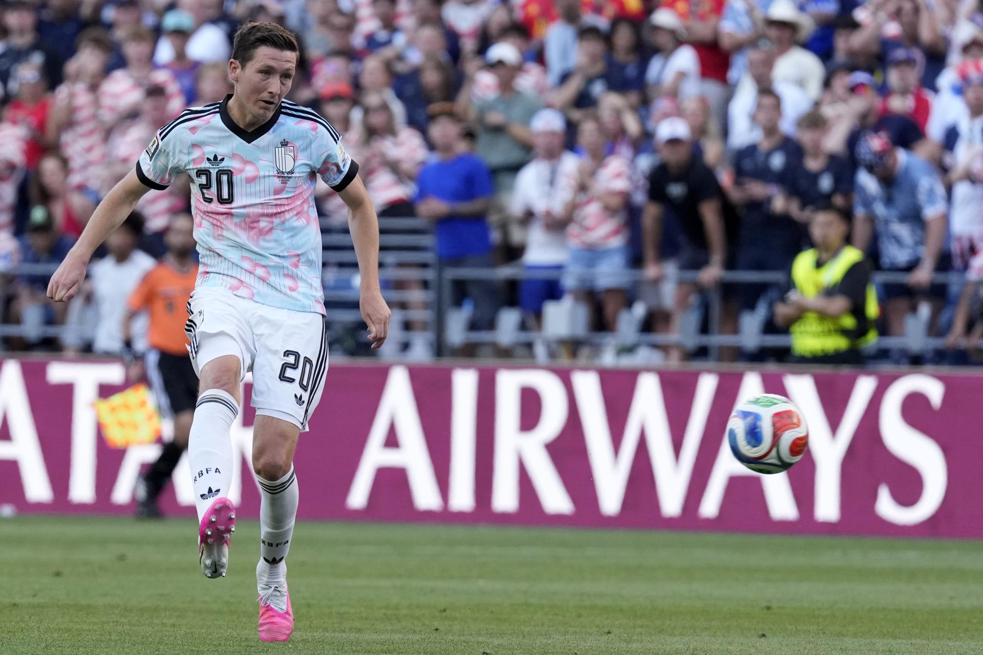 Hans Vanaken, de Bélgica, marca el 1-3 durante el partido de octavos de final del Mundial 2026 entre Estados Unidos y Bélgica, en Seattle, Washington (EE.UU.). EFE/STEPHEN BRASHEAR
