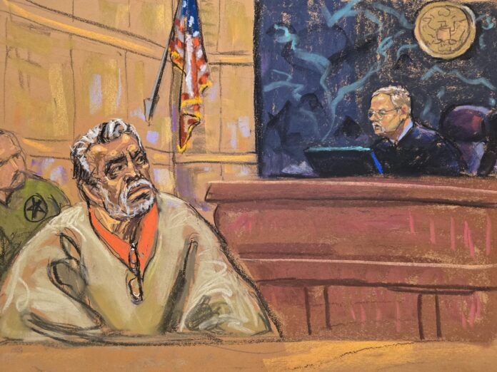 Fotografía de archivo del 18 de octubre de 2024 de un dibujo realizado por la artista Jane Rosenberg del juez Brian Cogan (d) frente al narcotraficante mexicano Ismael 'el Mayo' Zambada durante el juicio realizado en el Tribunal Federal de Brooklyn, en Nueva York (Estados Unidos). EFE/ Jane Rosenberg ARCHIVO
