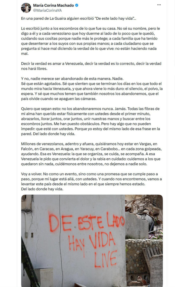 Captura de pantalla de la cuenta oficial en X @MariaCorinaYA de la líder opositora de Venezuela y ganadora del Premio Nobel de la Paz 2025, María Corina Machado, que muestra un mensaje en el que dice: 
