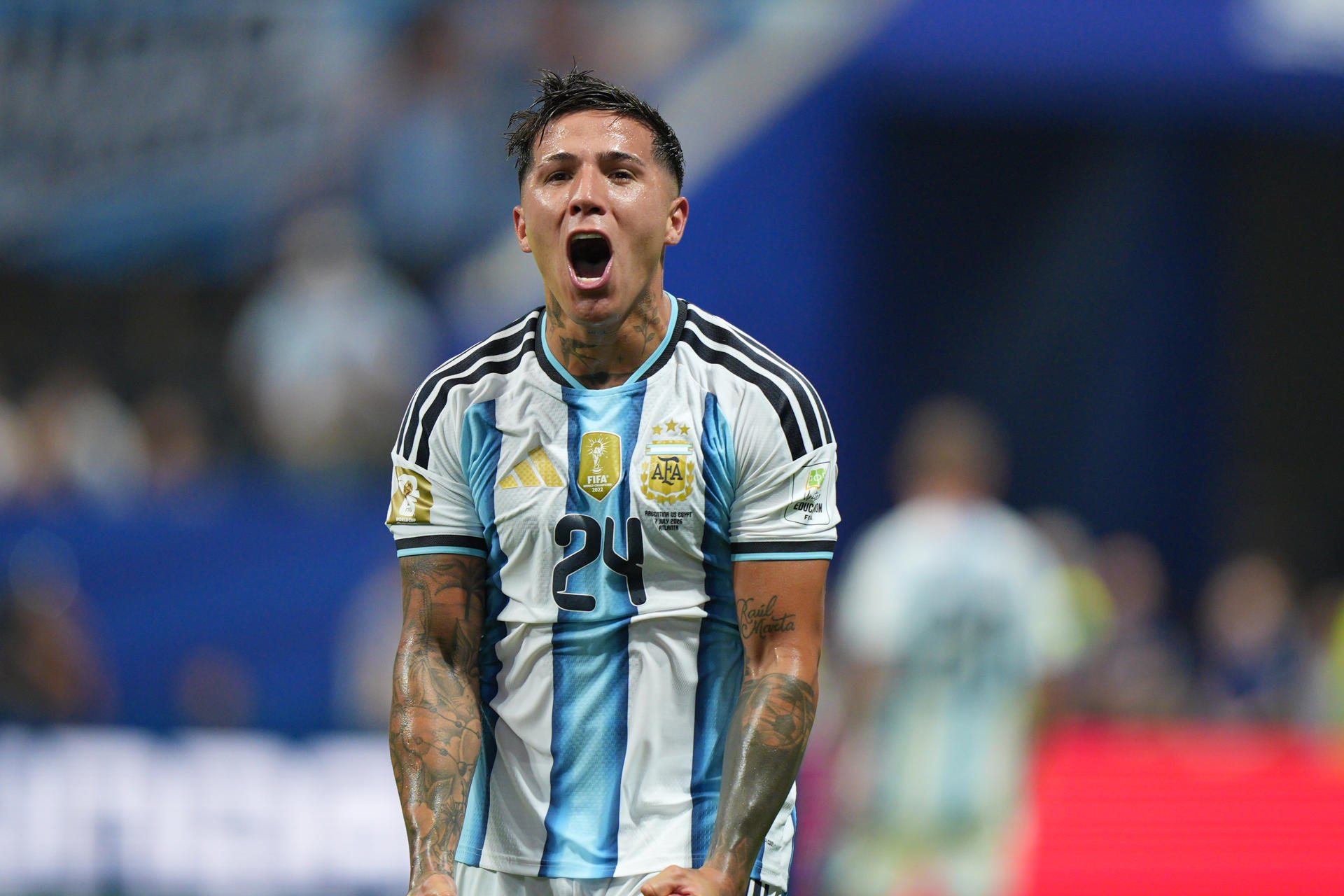 El centrocampista Enzo Fernández celebra tras marcar el 3-2 del triunfo de Argentina frente a Egipto del Mundial 2026, este martes en el Atlanta Stadium. EFE/Alberto Boal