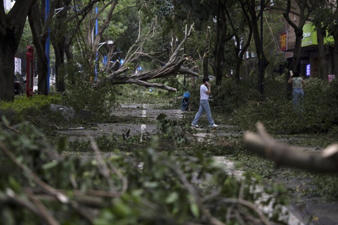 Imagen de archivo del paso de otro tifón por China. EFE/EPA/ANDRES MARTINEZ CASARES
 
ANGJIANG (China), 25/09/2025.- Una mujer habla por teléfono junto a árboles caídos tras el paso del tifón Ragasa en Yangjiang, provincia de Guandong (China), este jueves.-EFE/ Andres Martinez Casares
