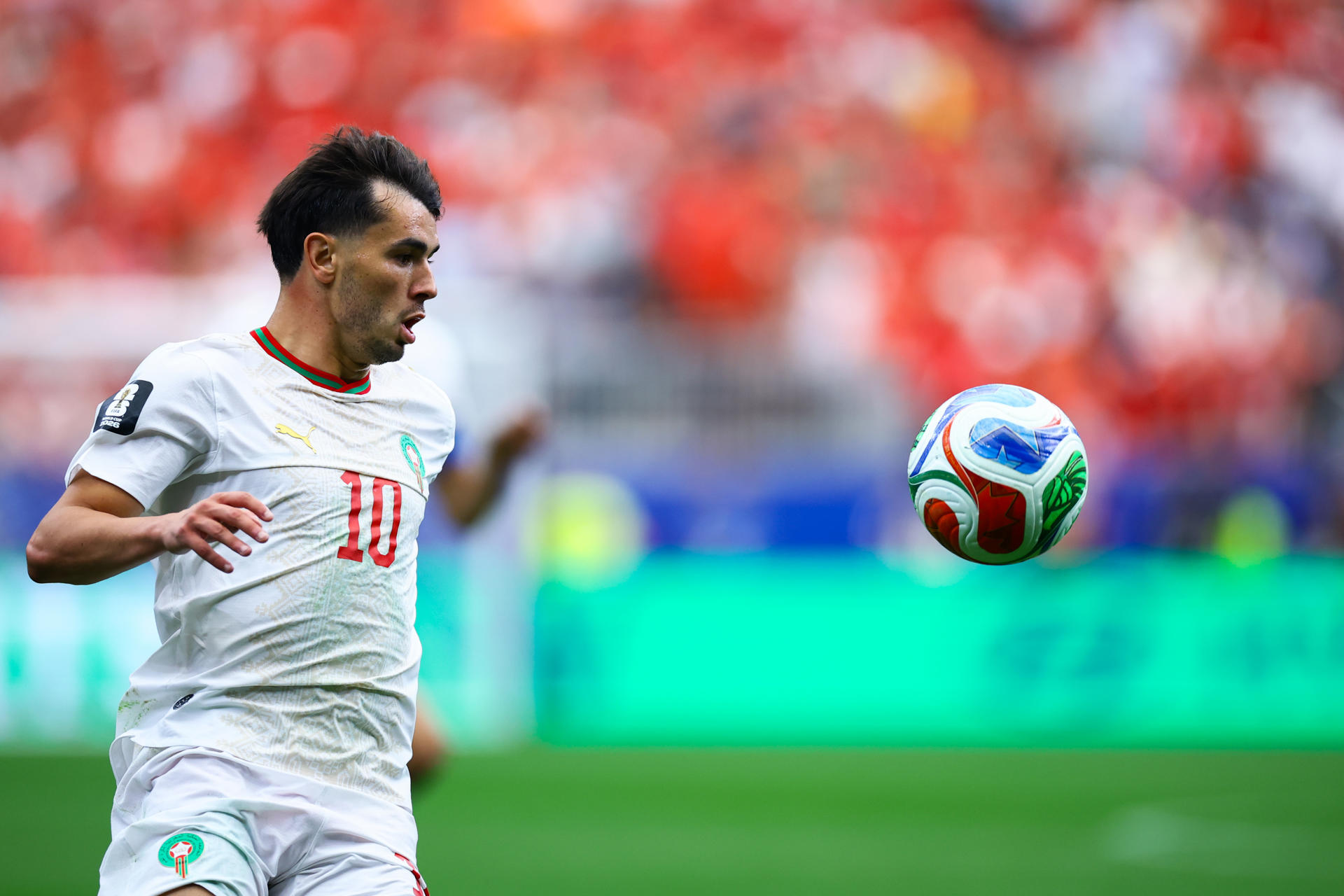 El centrocampista marroquí Brahim Díaz reaparece este jueves para dirigir la selección de Marruecos en el partido de cuartos de final del Mundial contra Francia en Boston. EFE/Carlos Ramírez