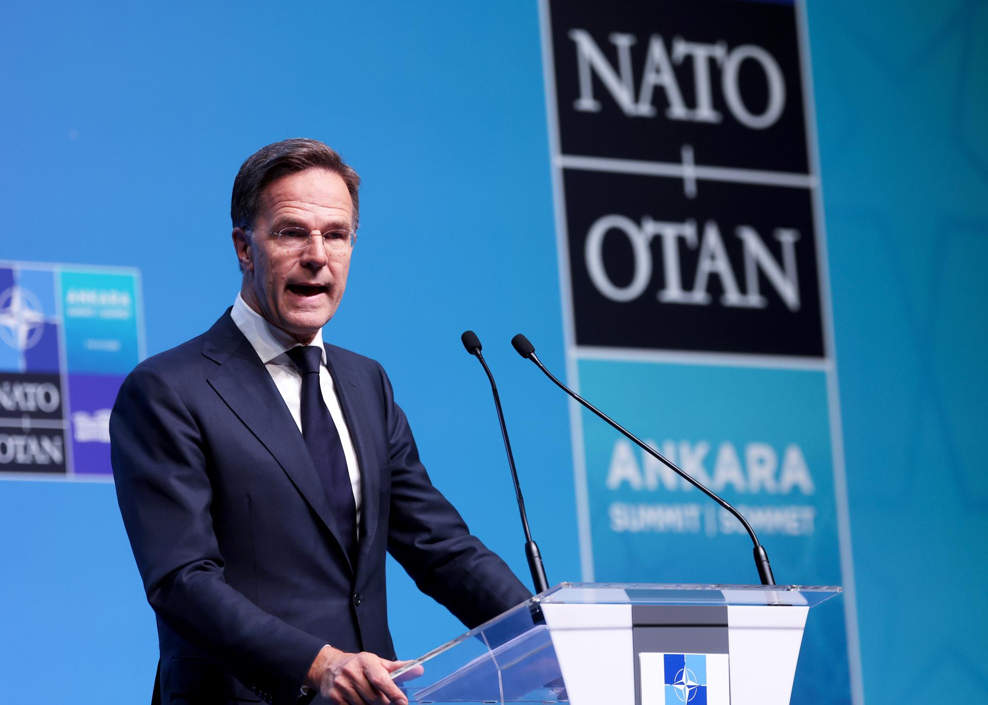 El secretario general de la OTAN, Mark Rutte, habla durante una rueda de prensa en la Cumbre de la OTAN 2026 en Ankara, Turquía, el 8 de julio de 2026. La Cumbre de la OTAN se lleva a cabo del 7 al 8 de julio. (Turquía) EFE/EPA/GEORGI LICOVSKI