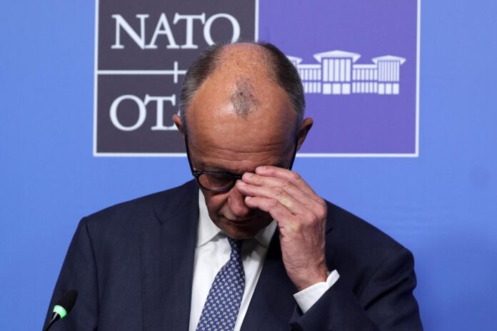 El canciller alemán Friedrich Merz asiste a una rueda de prensa en la cumbre de la OTAN 2026 en Ankara, Turquía, el 08 de julio de 2026. La cumbre de la OTAN se celebra los días 07 y 08 de julio. (Turquía) EFE/EPA/NECATI SAVAS
