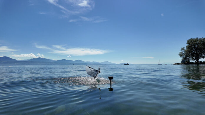 Un robot de alas batientes pasa del agua al aire en un lago natural. Fotografía facilitada por Rafael Zufferey.
