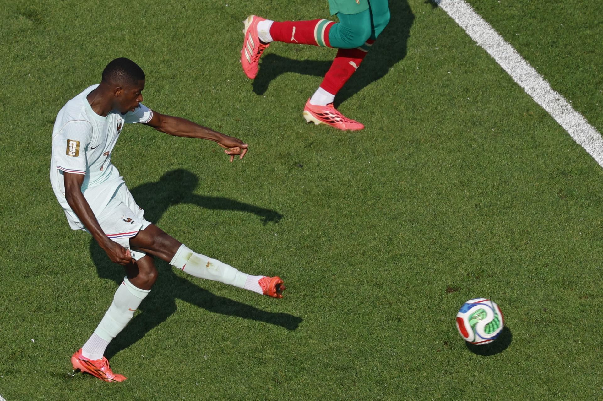 Ousmane Dembélé, de Francia, marca el gol del 2-0 a Marruecos del Mundial 2026, en Boston, EE.UU. EFE/EPA/GREG M. COOPER
