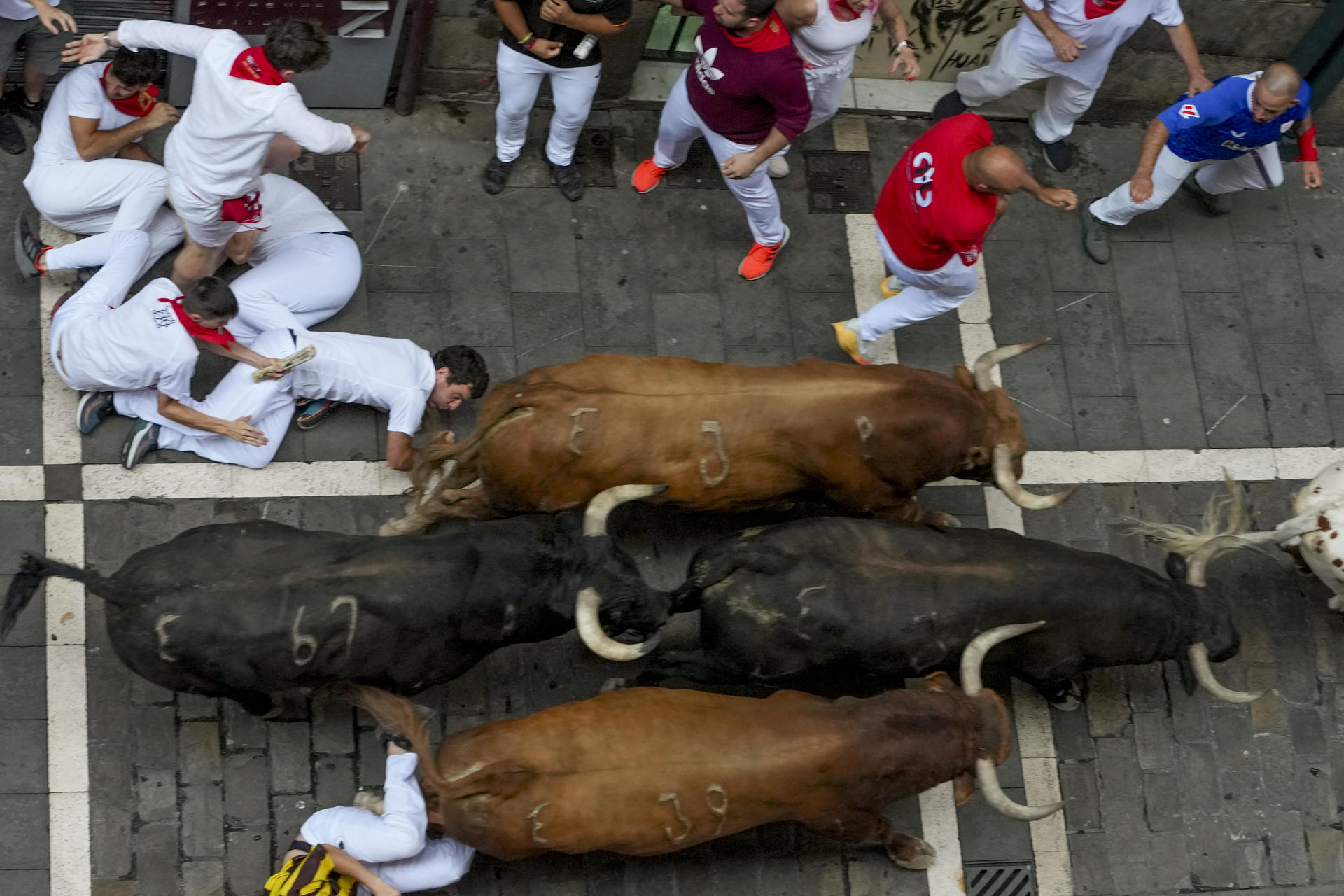 Varios mozos caen al paso de toros bravos en el cuarto encierro de los Sanfermines 2026 este viernes en Pamplona. EFE/ Ainhoa Tejerina
