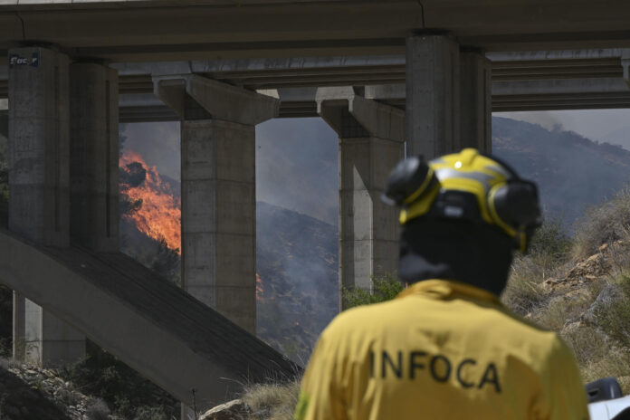 LOS GALLARDOS (ALMERÍA) .- Efectivos antiincendios trabajan este viernes en las labores de extinción del incendio de Los Gallardos. EFE / Carlos Barba
