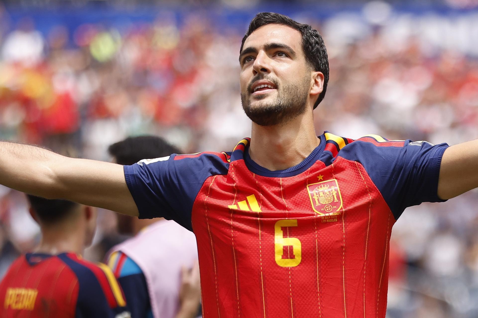 El jugador español Mikel Merino celebra tras marcar el gol de la victoria (2-1) durante el partido de cuartos de final del Mundial de la FIFA 2026 entre España y Bélgica, en Los Ángeles, EE.UU. EFE/EPA/CHRISTOPHER TORRES