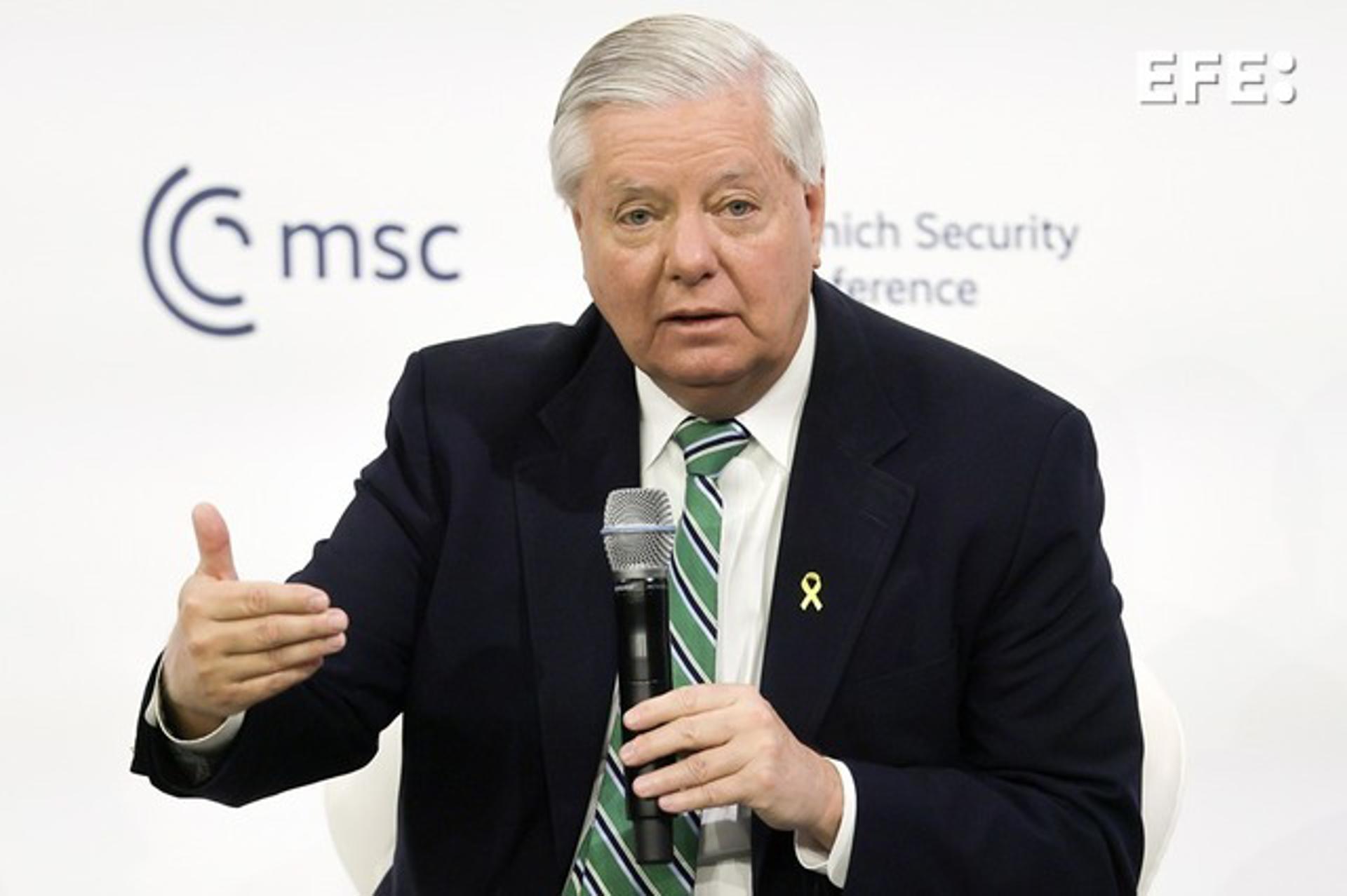 MUNICH (Germany), 12/07/2026.- (FILE) US Senator Lindsey Graham speaks during the 61st Munich Security Conference (MSC), in Munich, Germany, 15 February 2025 (reissued 12 July 2026). Lindsey Graham, Republican senator from South Carolina died on 12 July 2026 at the age of 71, according to a statement issued by his office. (Alemania) EFE/EPA/RONALD WITTEK
