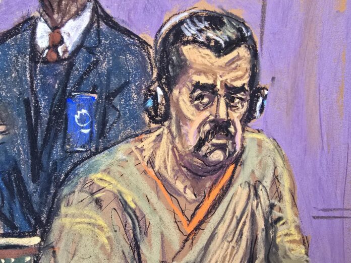 Fotografía de un dibujo realizado por la artista Jane Rosenberg donde aparece el depuesto presidente de Venezuela, Nicolás Maduro, durante una de sus comparecencia ante un tribunal federal, en Nueva York (NY, EE.UU.). EFE/Jane Rosenberg
