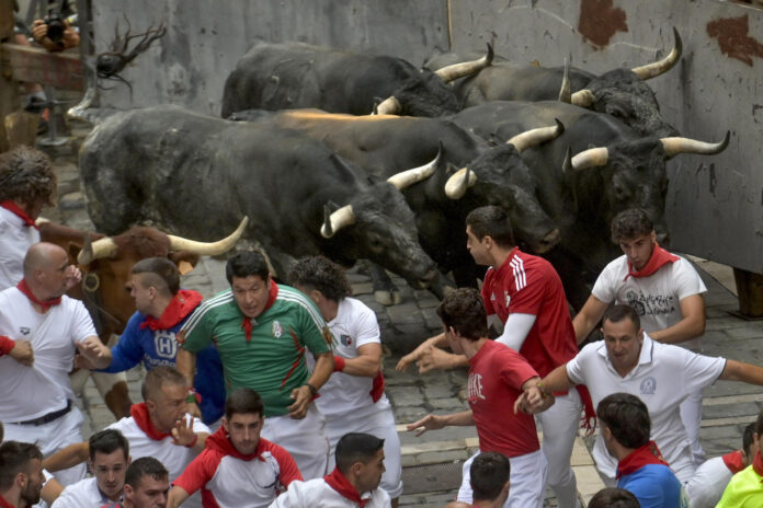 Un momento del encierro de los sanfermines de Pamplona (España) de este lunes. EFE/ Jose Luis Larrion
