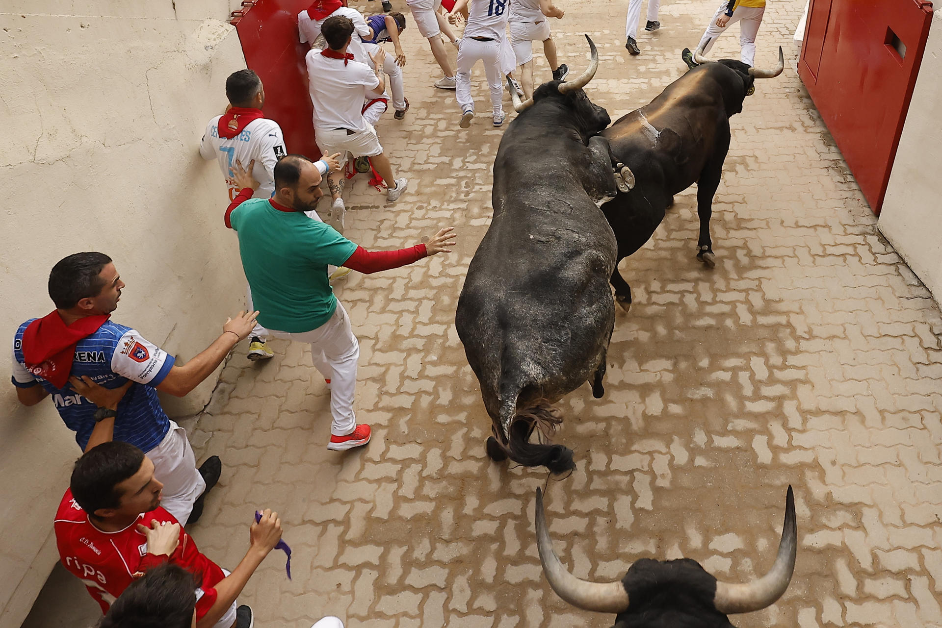 Un momento del encierro de los sanfermines de Pamplona (España) de este lunes. EFE/Villar Lopez
