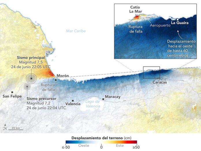 Imagen cedida por el Observatorio de la Tierra de la NASA de un mapa elaborado a partir de datos del Radar de Apertura Sintética de NASA-ISRO (NISAR) que muestra el desplazamiento de la superficie terrestre en Caracas y La Guaira tras los terremotos que sacudieron el 24 de junio de 2026 a Venezuela. EFE/Observatorio de la Tierra de la NASA/Lauren Dauphin /SOLO USO EDITORIAL /NO VENTAS /SOLO DISPONIBLE PARA ILUSTRAR LA NOTICIA QUE ACOMPAÑA /CRÉDITO OBLIGATORIO
