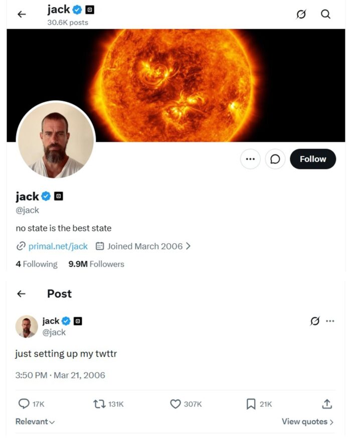 Captura de pantalla tomada de la red social X @jack que muestra el perfil del cofundador de Twitter, Jack Dorsey, donde se aprecia su primer tuit 