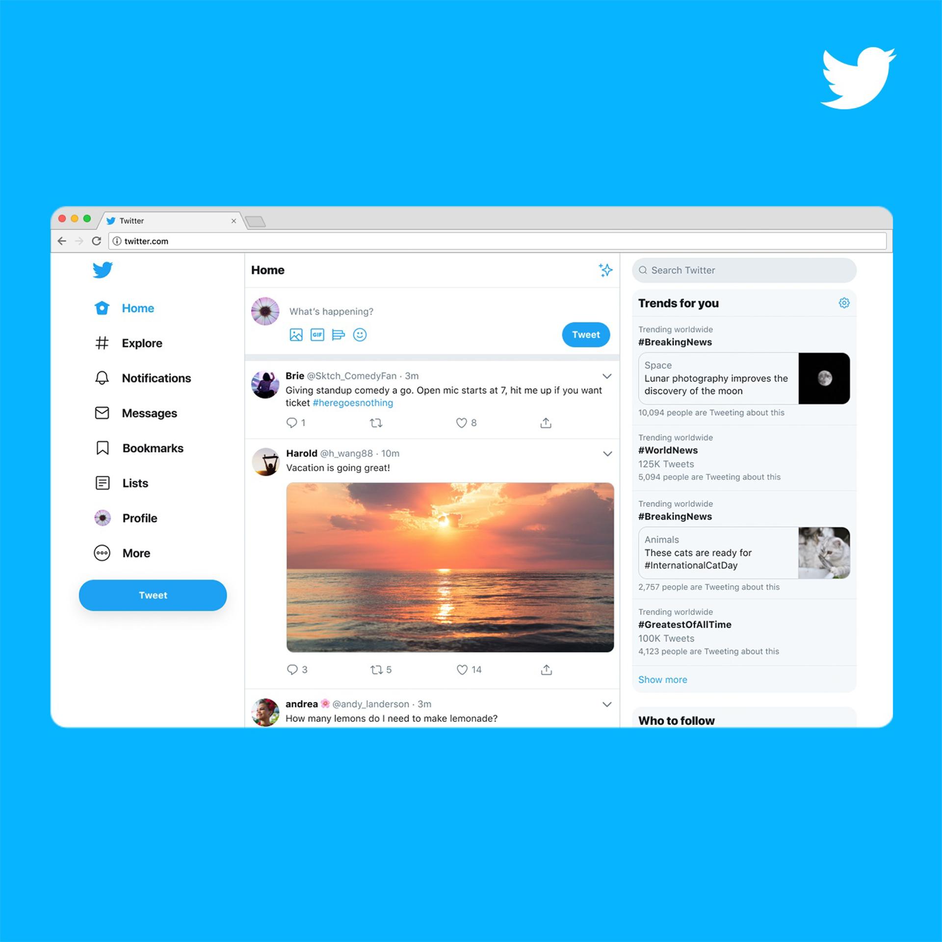 Captura de pantalla cedida por Twitter que muestra el inicio en un computador que llevaba por emblema la imagen de un pajarito azul. En las últimas dos décadas, el mundo ha tuiteado parte de su historia. Desde aquel primer mensaje del cofundador Jack Dorsey, "configurando mi twttr", Twitter pasó de ser una plataforma de 'microblogging' (microblogueo), herramienta clave para el periodismo ciudadano, la política y la conversación pública, antes de transformarse en X bajo la dirección del magnate Elon Musk. EFE/ Twitter