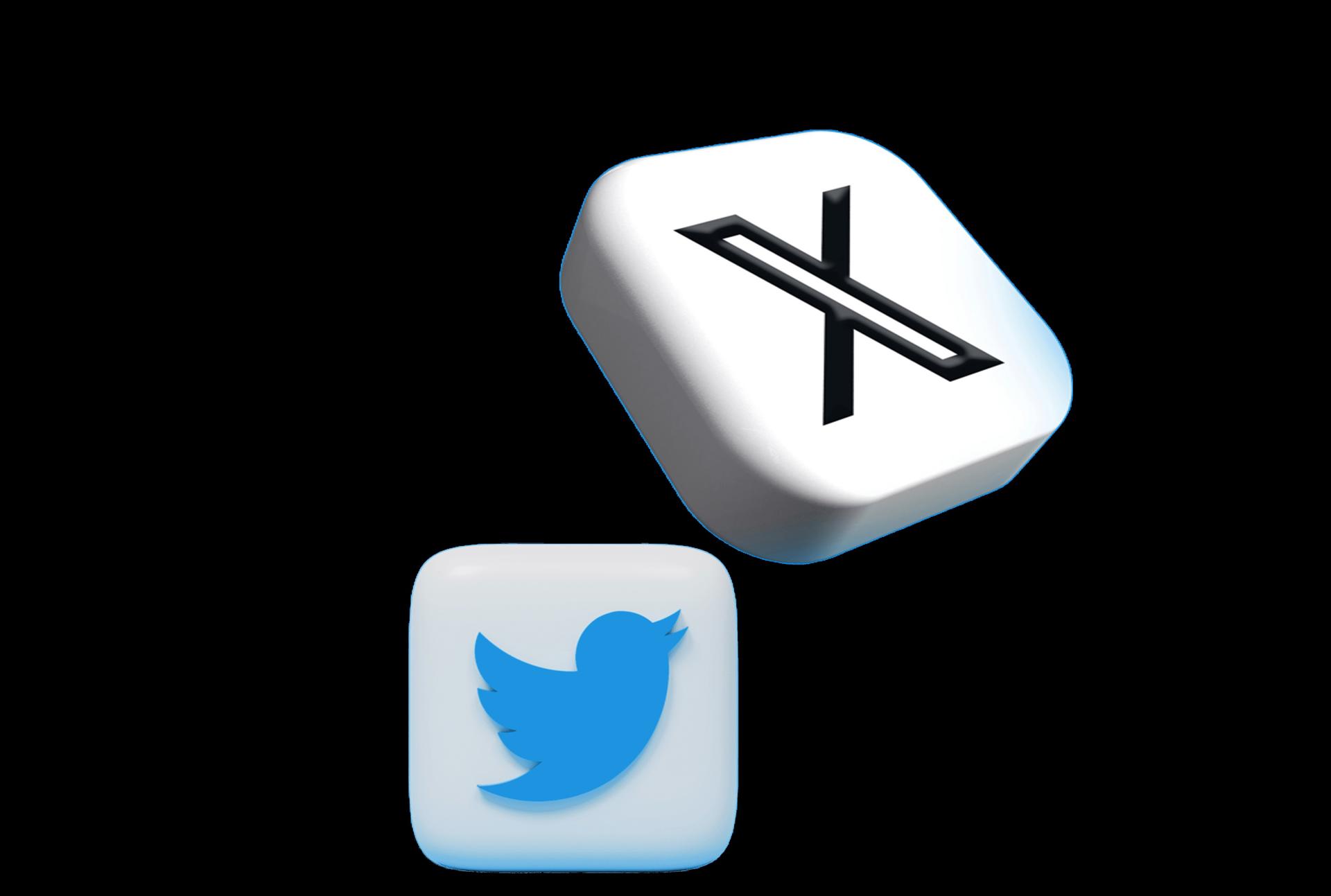 Composición de imágenes cedidas por RA-NR que muestran los logos en 3D de Twitter con su pajarito azul y el de X. EFE/ RA-NR