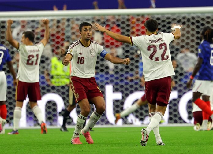 Rodri celebra un gol este martes, en el partido de semifinales del Mundial de la FIFA 2026 entre Francia y España en el estadio AT&T en Arlington (Estados Unidos) EFE/EPA/CHRISTOPHER NEUNDORF
