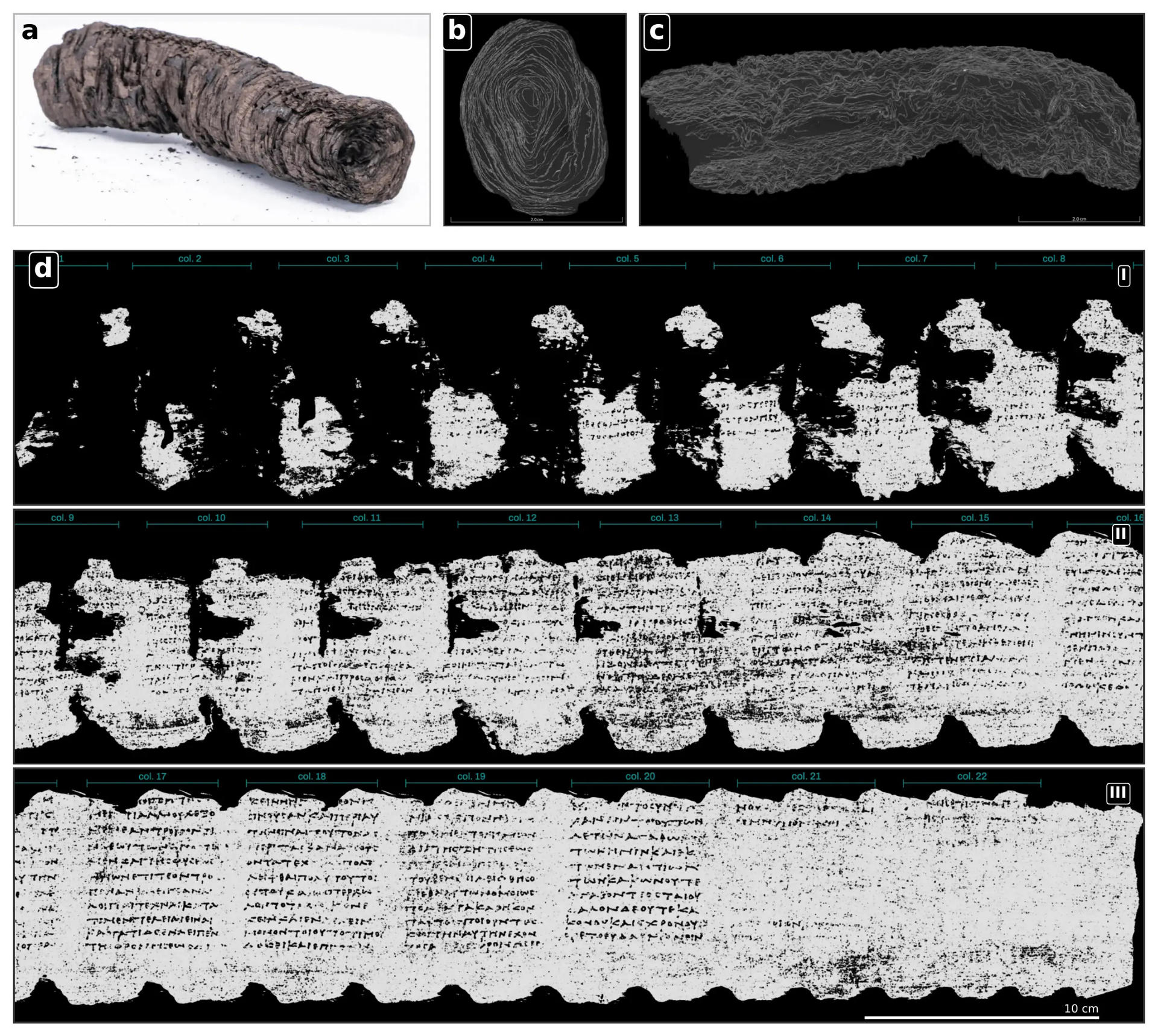 La inteligencia artificial (IA) y la física nuclear han logrado una de las mayores hazañas de la arqueología moderna: digitalizar, 'desenrollar' virtualmente y leer por primera vez de principio a fin un pergamino de la antigua ciudad romana de Herculano, arrasada por la erupción del Vesubio hace dos milenios. EFE/Vesuvius Challenge // SOLO USO EDITORIAL/SOLO DISPONIBLE PARA ILUSTRAR LA NOTICIA QUE ACOMPAÑA (CRÉDITO OBLIGATORIO)