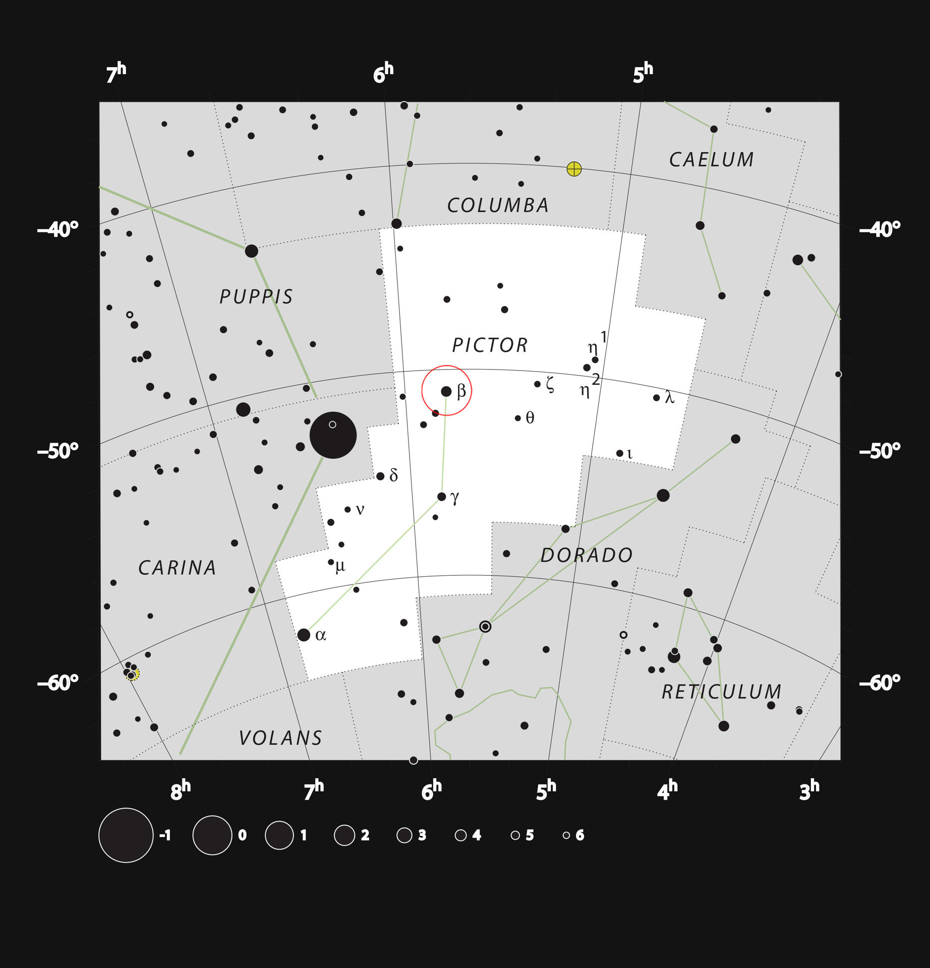 Mapa de Beta Pictoris. Un grupo de astrónomos descubrió un exoplaneta, bautizado "Beta Pictoris d" y situado a unos 63 años luz de la Tierra y del que dicen su brillo es el más débil detectado en un astro, gracias al VLT, siglas inglesas del Telescopio Muy Grande del Observatorio Europeo Austral (ESO). EFE/ ESO, IAU and Sky & Telescope SOLO USO EDITORIAL/SOLO DISPONIBLE PARA ILUSTRAR LA NOTICIA QUE ACOMPAÑA (CRÉDITO OBLIGATORIO)
