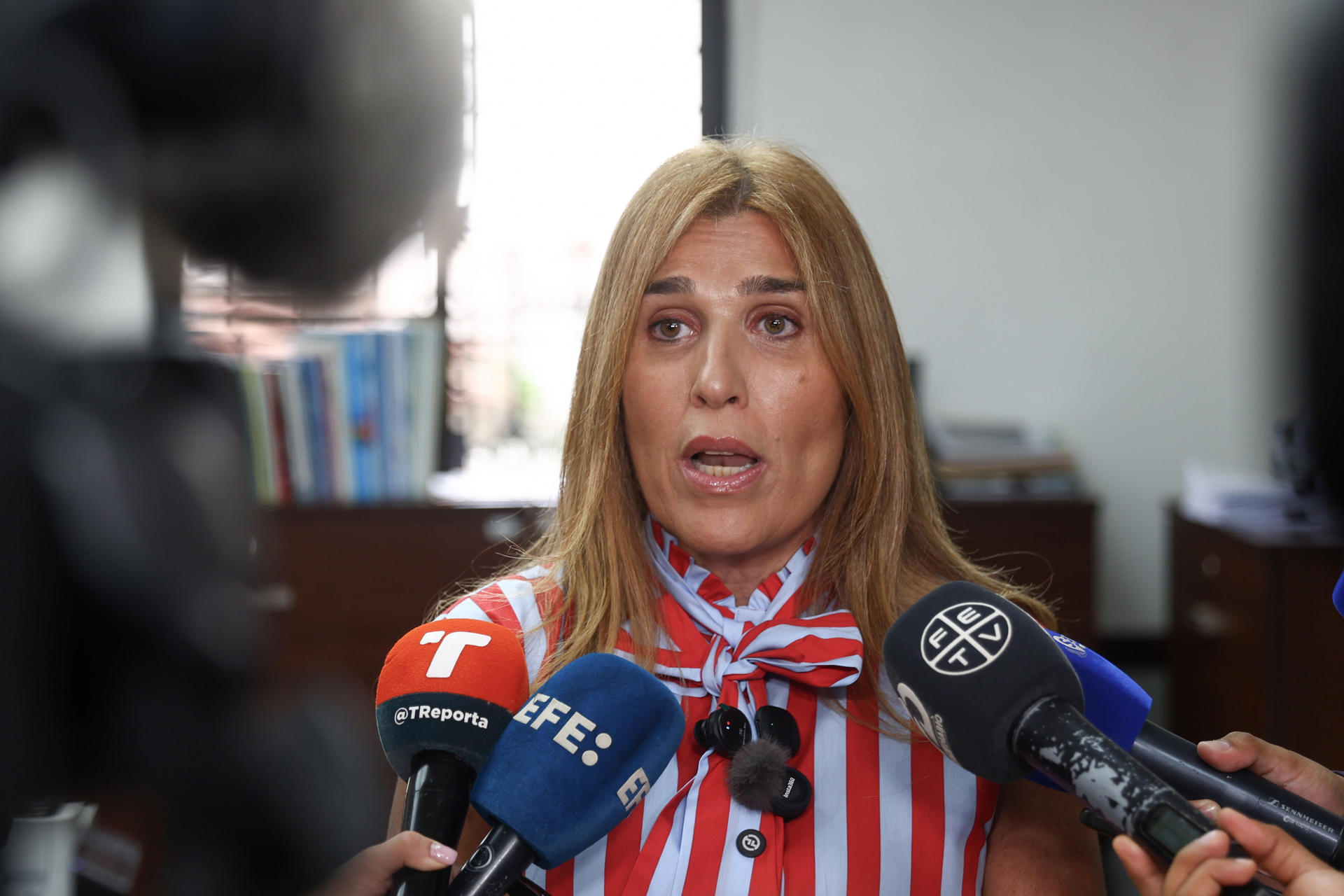 La gerente general de Zona Libre de Colón (ZLC), Luisa Napolitano, habla con periodistas en Ciudad de Panamá (Panamá). EFE/ Carlos Lemos
