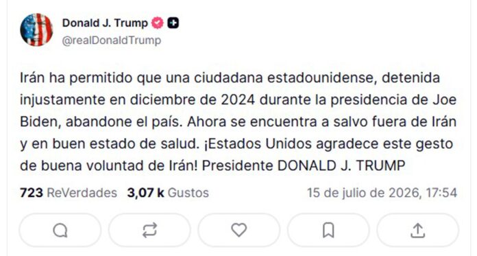 Imagen de una publicación en la cuenta en Truth Social @realDonaldTrump, del presidente de Estados Unidos, Donald Trump, donde anuncia este miércoles que Irán permitió la salida del país de una ciudadana estadounidense que, según afirmó, fue detenida 