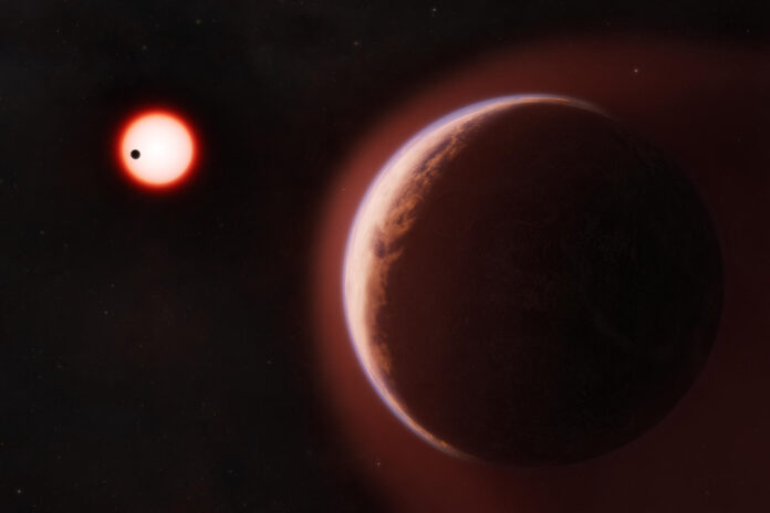 En esta representación artística, el exoplaneta LHS 1140 b aparece en primer plano, rodeado de una atmósfera rica en helio. Otro planeta rocoso cercano orbita alrededor de la misma enana roja fría que se divisa a lo lejos. Un nuevo estudio aporta la evidencia más sólida hasta la fecha de que LHS 1140 b ha conservado una atmósfera, lo que supone un hito en el camino hacia el descubrimiento de planetas rocosos similares a la Tierra más allá de nuestro sistema solar. Crédito: Melissa Weiss/Centro de Astrofísica | Harvard y Smithsonian
