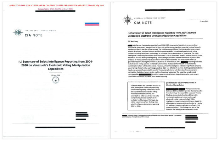 Combo de dos imágenes de un documento de la Agencia Central de Inteligencia (CIA ) desclasificado por el presidente de EE.UU., Donald Trump, que muestran, según Trump, que los Gobiernos venezolanos de Hugo Chávez y Nicolás Maduro urdieron un plan para manipular electrónicamente resultados electorales entre 2004 y 2020. EFE/ La Casa Blanca
