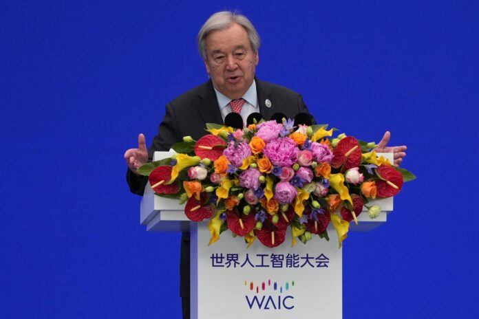 SHANGAI (China), 17/07/2026.- El Secretario General de la ONU, António Guterres, interviene durante la ceremonia de apertura de la Reunión de Alto Nivel sobre Gobernanza Global en el marco de la Conferencia Mundial sobre Inteligencia Artificial, celebrada en Shanghái, China, el 17 de julio de 2026.
EFE/EPA/NG HAN GUAN / POOL
