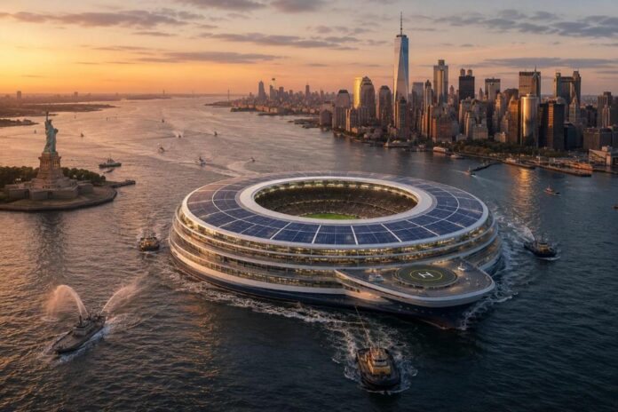 Una enorme plataforma se aproxima al puerto. A bordo, un estadio de fútbol. 50.000 espectadores embarcan hacia sus asientos. La infraestructura ideal para usar en cada Mundial, cada cuatro años. Es la última idea de Mark Fenwick, arquitecto detrás del estadio de contenedores de Catar o del RCDE Stadium. EFE/Cedida por Estudio Mark Fenwick USO EDITORIAL NO VENTAS
