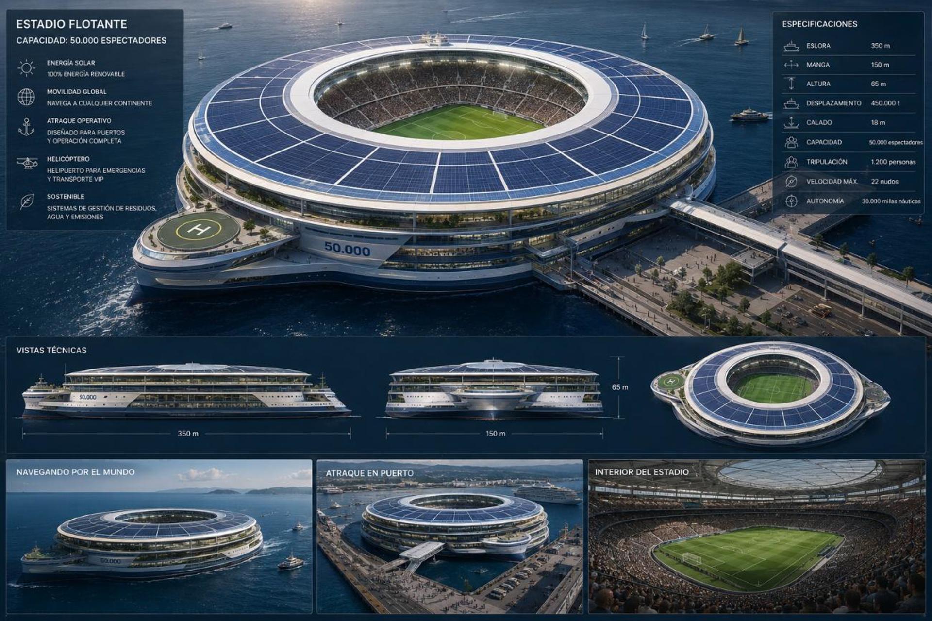 Una enorme plataforma se aproxima al puerto. A bordo, un estadio de fútbol. 50.000 espectadores embarcan hacia sus asientos. La infraestructura ideal para usar en cada Mundial, cada cuatro años. Es la última idea de Mark Fenwick, arquitecto detrás del estadio de contenedores de Catar o del RCDE Stadium. EFE/Cedida por Estudio Mark Fenwick USO EDITORIAL NO VENTAS
