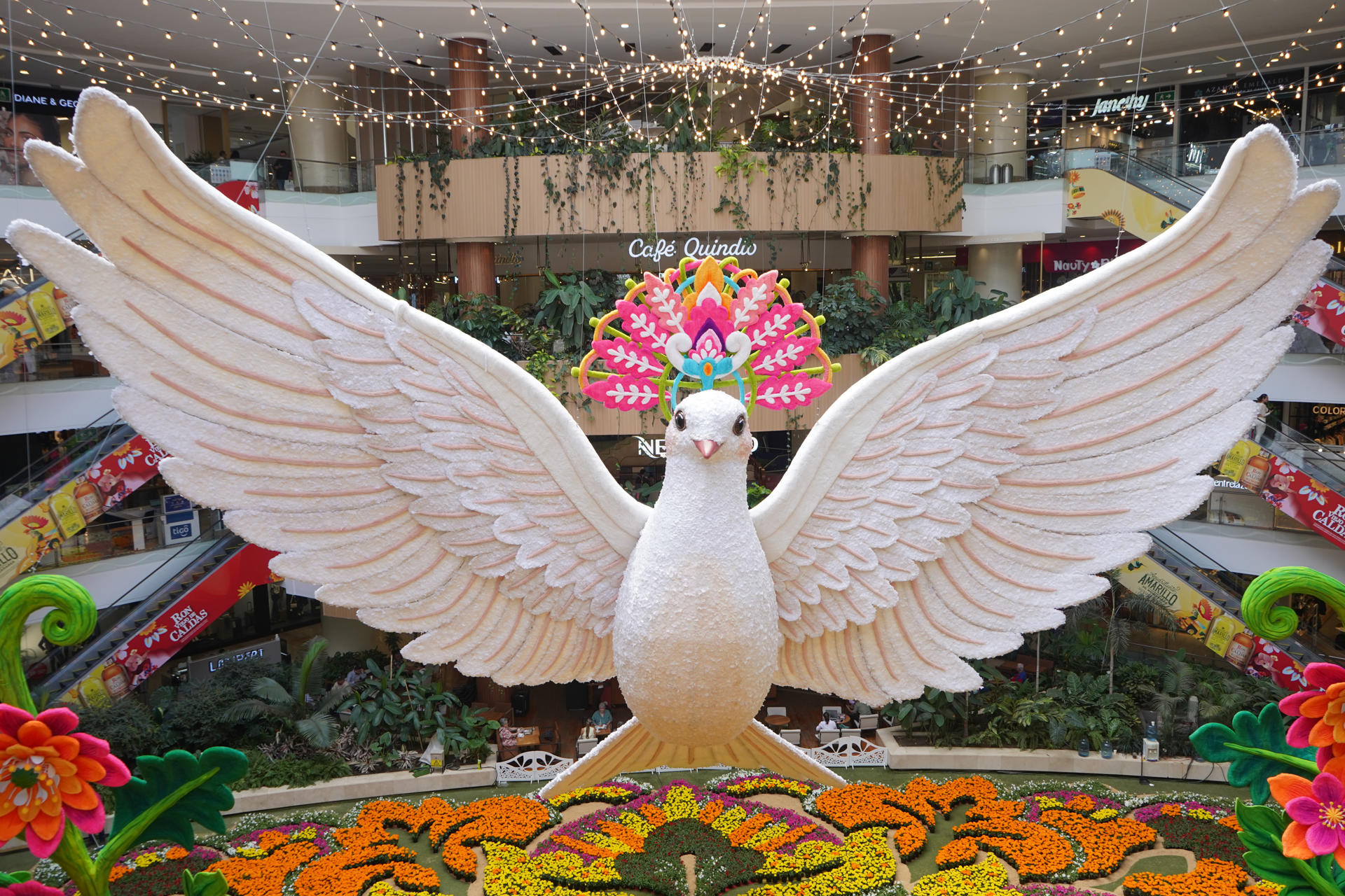 Fotografía que muestra una paloma sobre un tapete de flores exhibidos en el Centro Comercial Santafé este jueves, en Medellín (Colombia). EFE/Pablo R. Seco