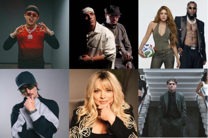 Composición de fotografías promocionales donde aparecen de izquierda a derecha y de arriba a abajo los artistas Oscar Maydon, Farruko y Kendo Kaponi, Shakira y Burna Boy, Danny Ocean, Ednita Nazario, y Jasiel Nuñez, quienes estrenan álbumes este fin de semana. EFE/Productoras /SOLO USO EDITORIAL /NO VENTAS /SOLO DISPONIBLE PARA ILUSTRAR LA NOTICIA QUE ACOMPAÑA /CRÉDITO OBLIGATORIO
