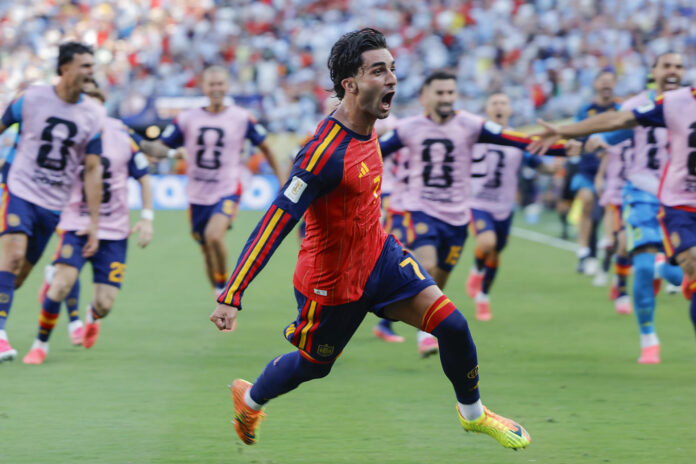 Ferrán Torres de España celebra el gol en la final del Mundial de la FIFA 2026 entre España y Argentina en el estadio MetLife en East Rutherford (NJ, EE.UU.). EFE/ Lavandeira Jr
