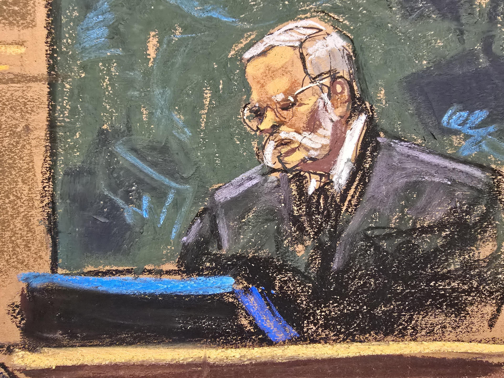 Fotografía de un dibujo realizado por la artista Jane Rosenberg donde aparece el juez, Brian Cogan, durante la audiencia de condena a cadena perpetua al narcotraficante mexicano Ismael 'El Mayo' Zambada este lunes, tras ser hallado culpable de tráfico de cocaína y fentanilo por la Justicia estadounidense. EFE/ Jane Rosenberg