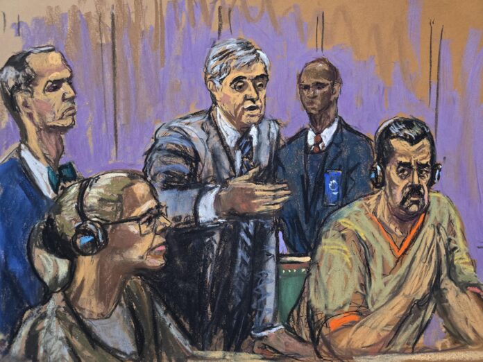 Fotografía de archivo de un dibujo realizado por la artista Jane Rosenberg donde aparece el presidente depuesto de Venezuela, Nicolás Maduro (d), junto a su esposa Cilia Flores (2-i), y sus abogados Mark Donnelly (i) y Barry pollack (c), durante una comparecencia ante un tribunal federal en Nueva York (EE.UU.). EFE/Jane Rosenberg
