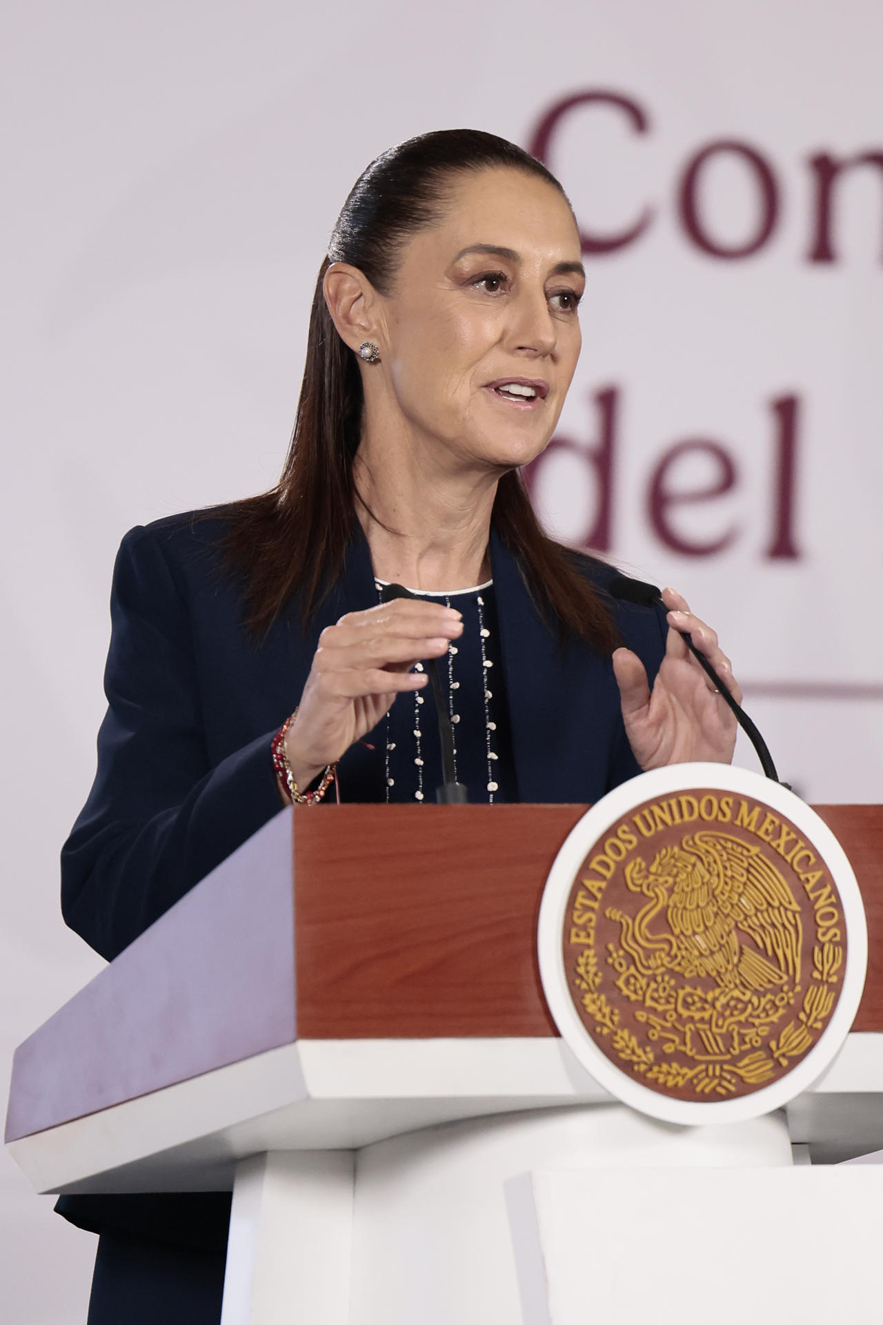 La presidenta de México, Claudia Sheinbaum, habla durante una rueda de prensa este jueves, en el Palacio Nacional de Ciudad de México (México). EFE/ José Méndez