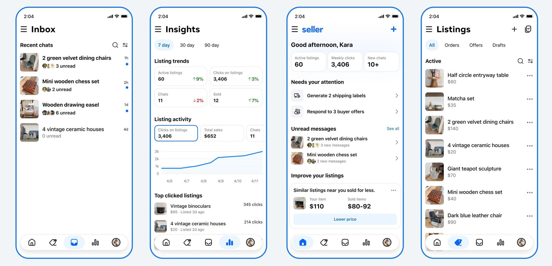 Combo de fotografías cedidas por Meta que muestra varios teléfonos en los que se esta usando Seller, una aplicación independiente impulsada por inteligencia artificial (IA) diseñada específicamente para los vendedores de Facebook Marketplace. EFE/ Meta
